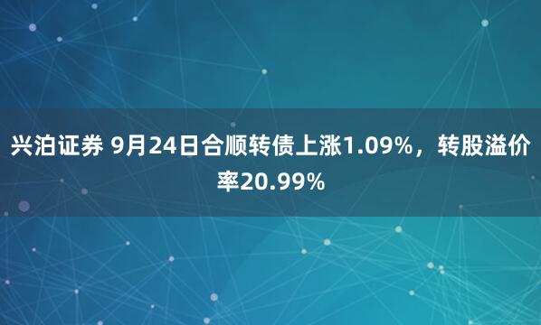 兴泊证券 9月24日合顺转债上涨1.09%，转股溢价率20.99%